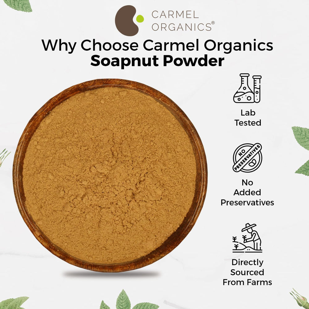 CARMEL ORGANICS Soapnut powder jar with scoop for easy measuring.
