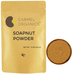 CARMEL ORGANICS Soapnut powder packaging shown, natural and eco-friendly.