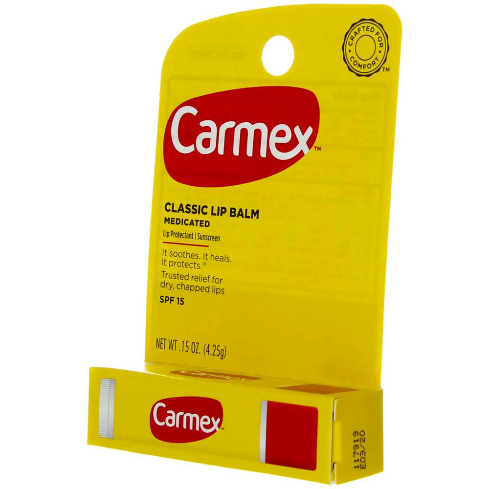 Carmex brand logo visible on packaging for trusted lip care