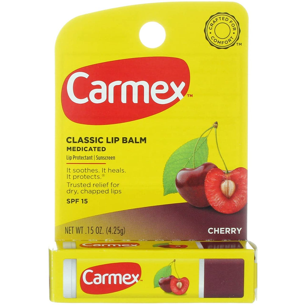 Carmex cherry balm on lips showing wind protection