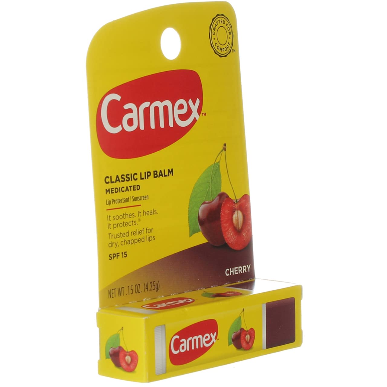 Carmex cherry flavor balm being applied to lips