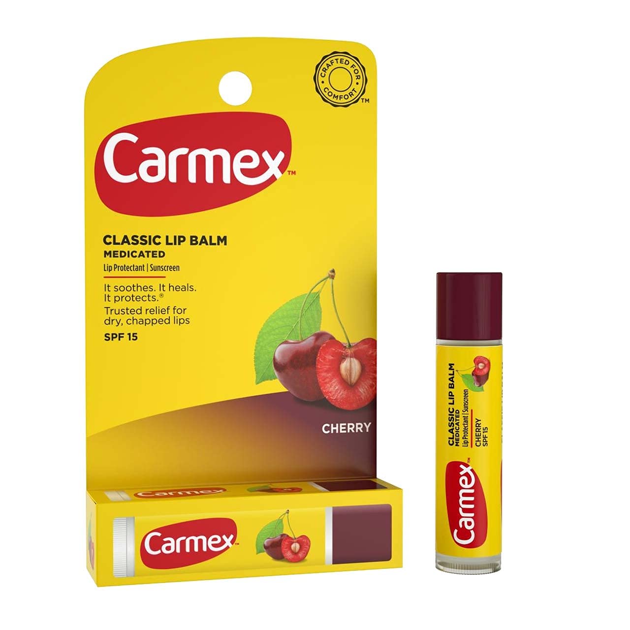 Carmex cherry flavor lip balm package close-up showing hydration and SPF protection