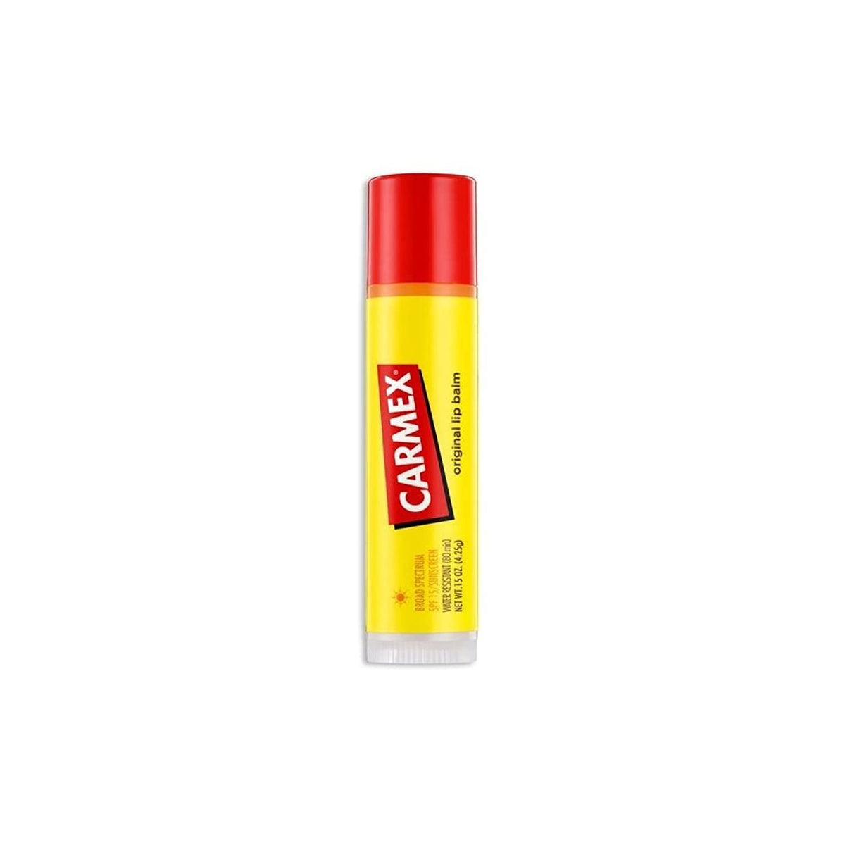 Carmex Classic Lip Balm SPF 15 stick in a carded box for daily sun protection.