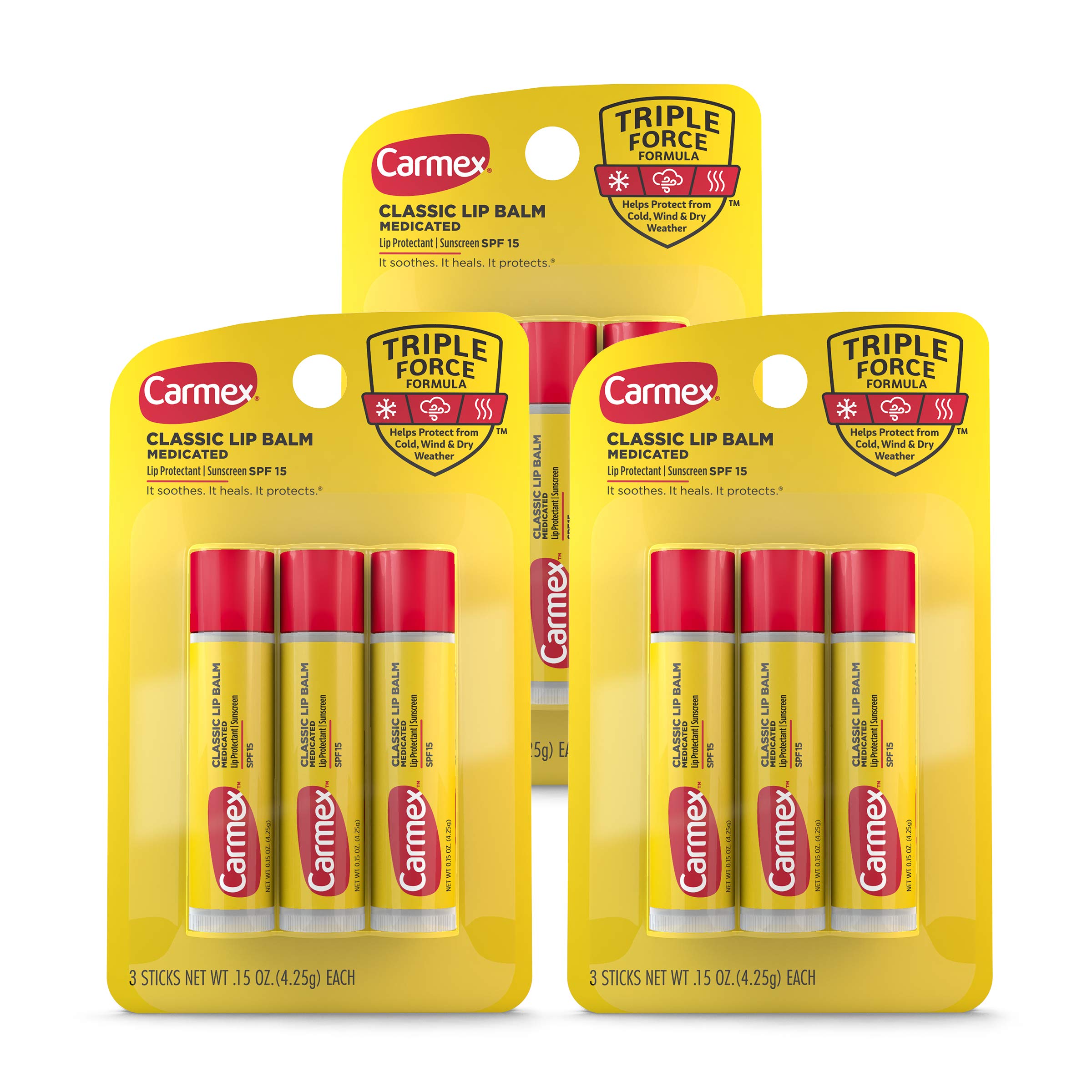 Carmex Classic Medicated Lip Balm Stick packaging shown for travel and on-the-go use.