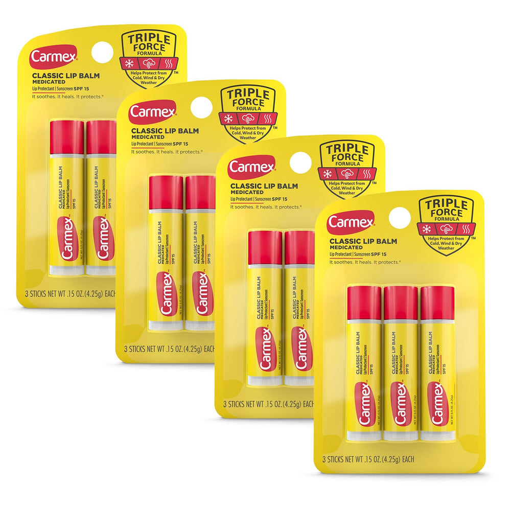 Carmex Classic Medicated Lip Balm Stick packaging for on-the-go lip care.