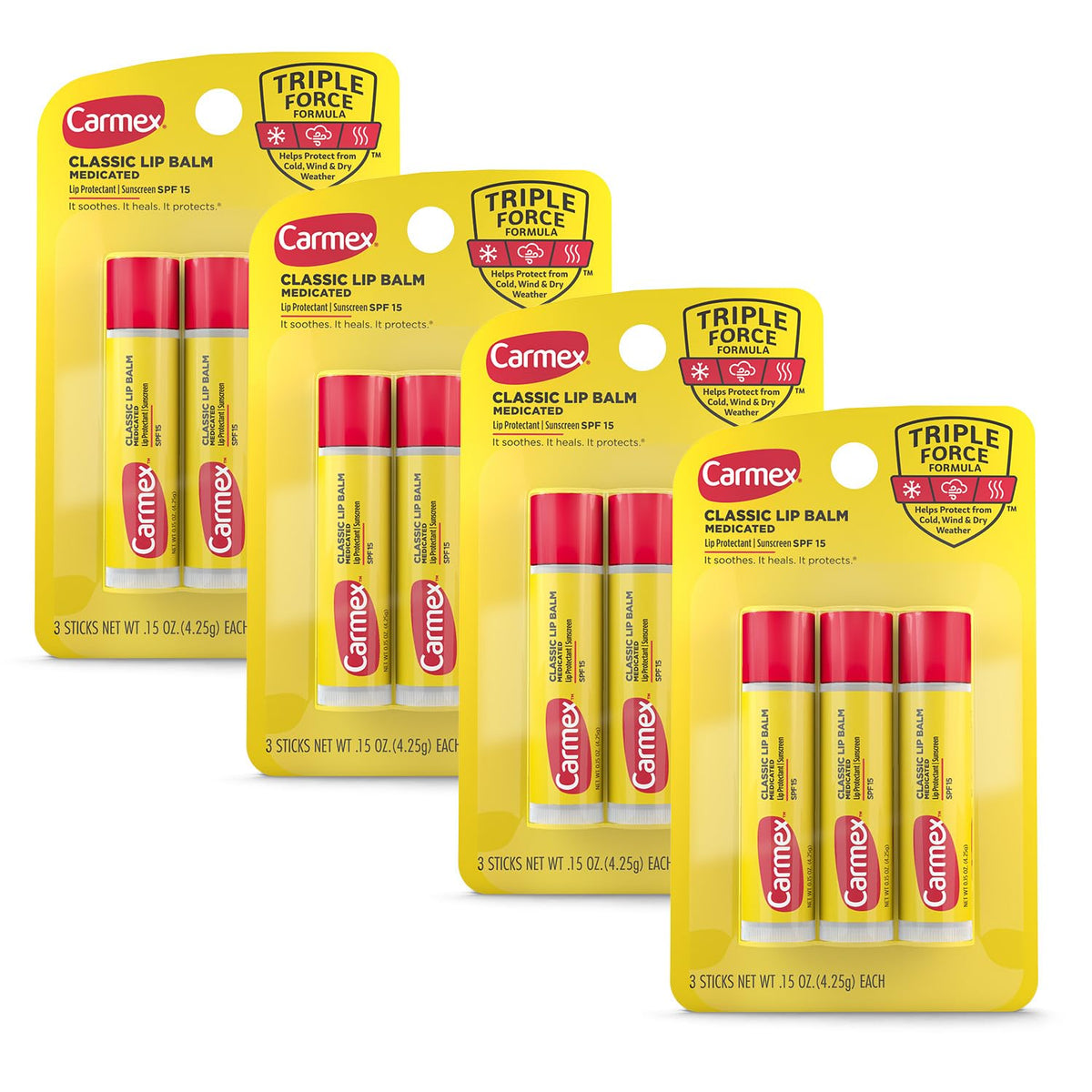 Carmex Classic Medicated Lip Balm Stick packaging for on-the-go lip care.