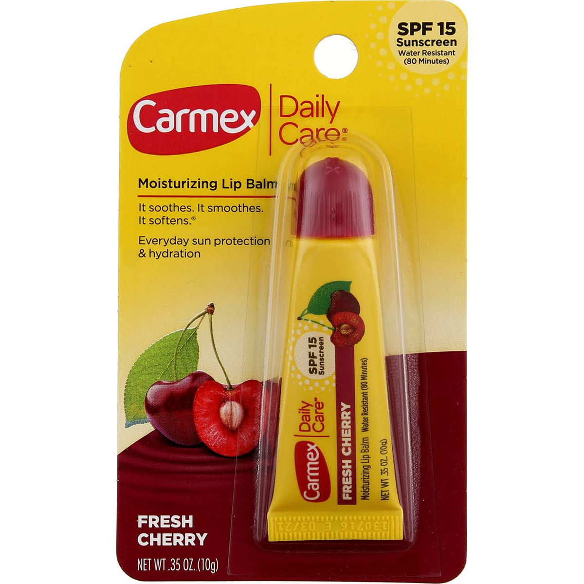 Carmex Click-Stick lip balm with cherry flavor provides daily moisture and SPF protection.