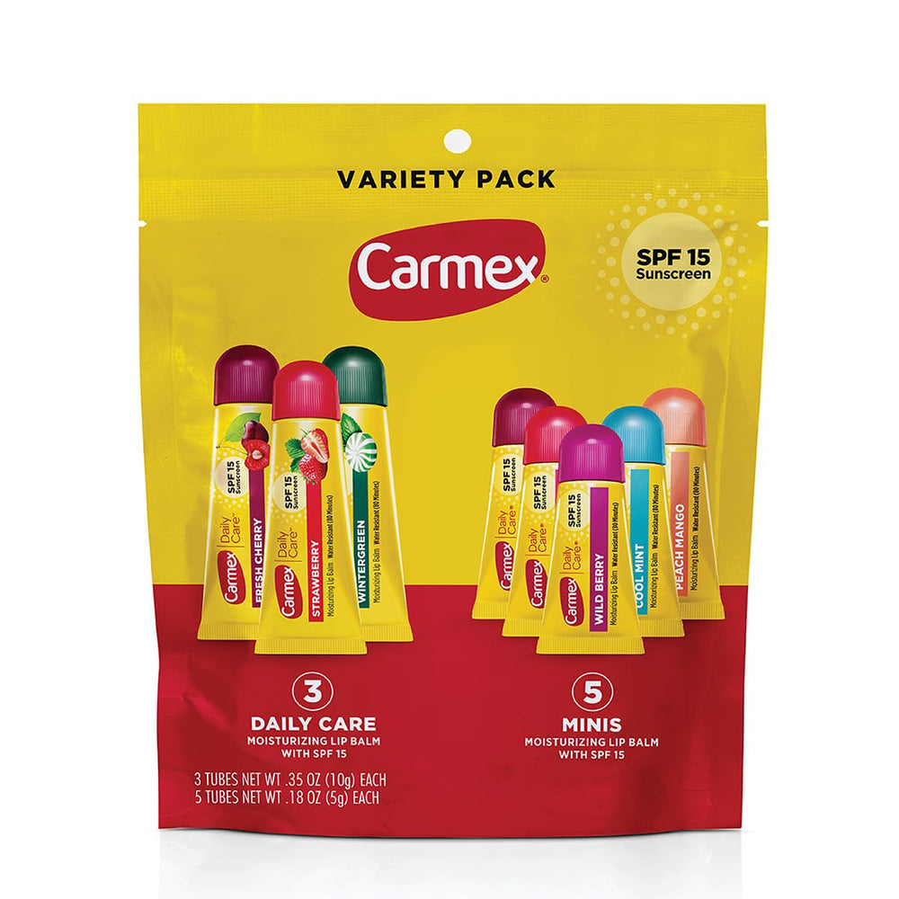 Carmex Daily Care full-size strawberry SPF15 lip balm for daily sun protection.