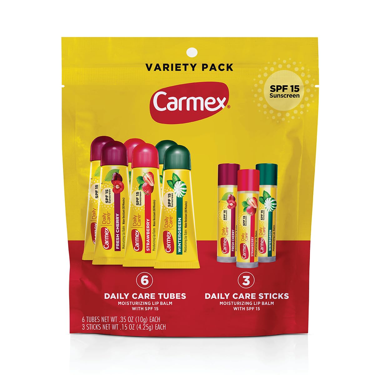 Carmex Daily Care Lip Balm Pack front view showing flavor variety for daily use.