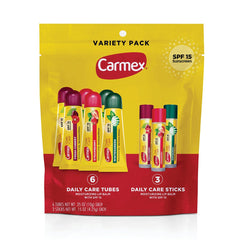 Carmex Daily Care Lip Balm Pack front view showing flavor variety for daily use.
