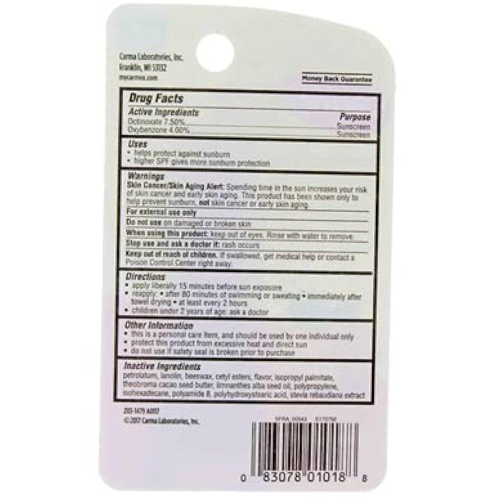 Compact Carmex blister-pack packaging closeup for travel-ready lip protection.