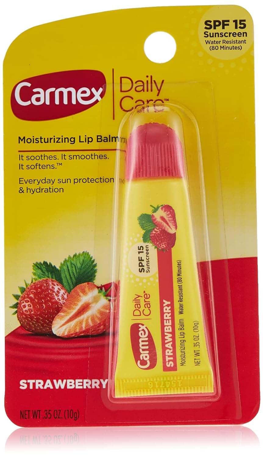 Carmex Daily Care Lip Balm Strawberry SPF 15 tube shown for sunny day protection.