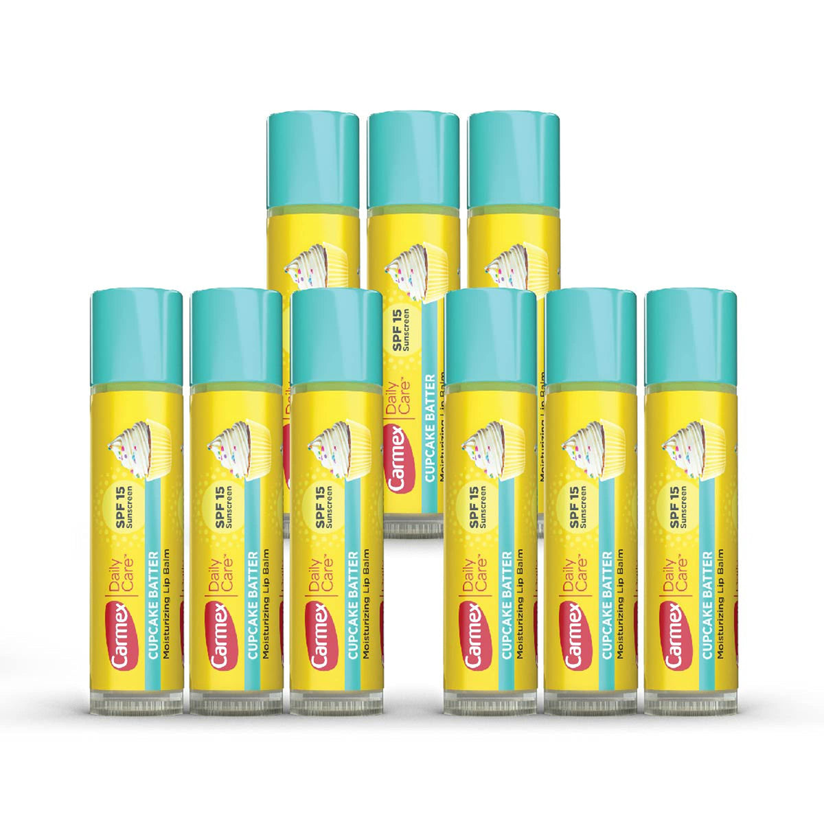Carmex Daily Care Cupcake Batter lip balm stick with SPF 15 for daily sun protection.