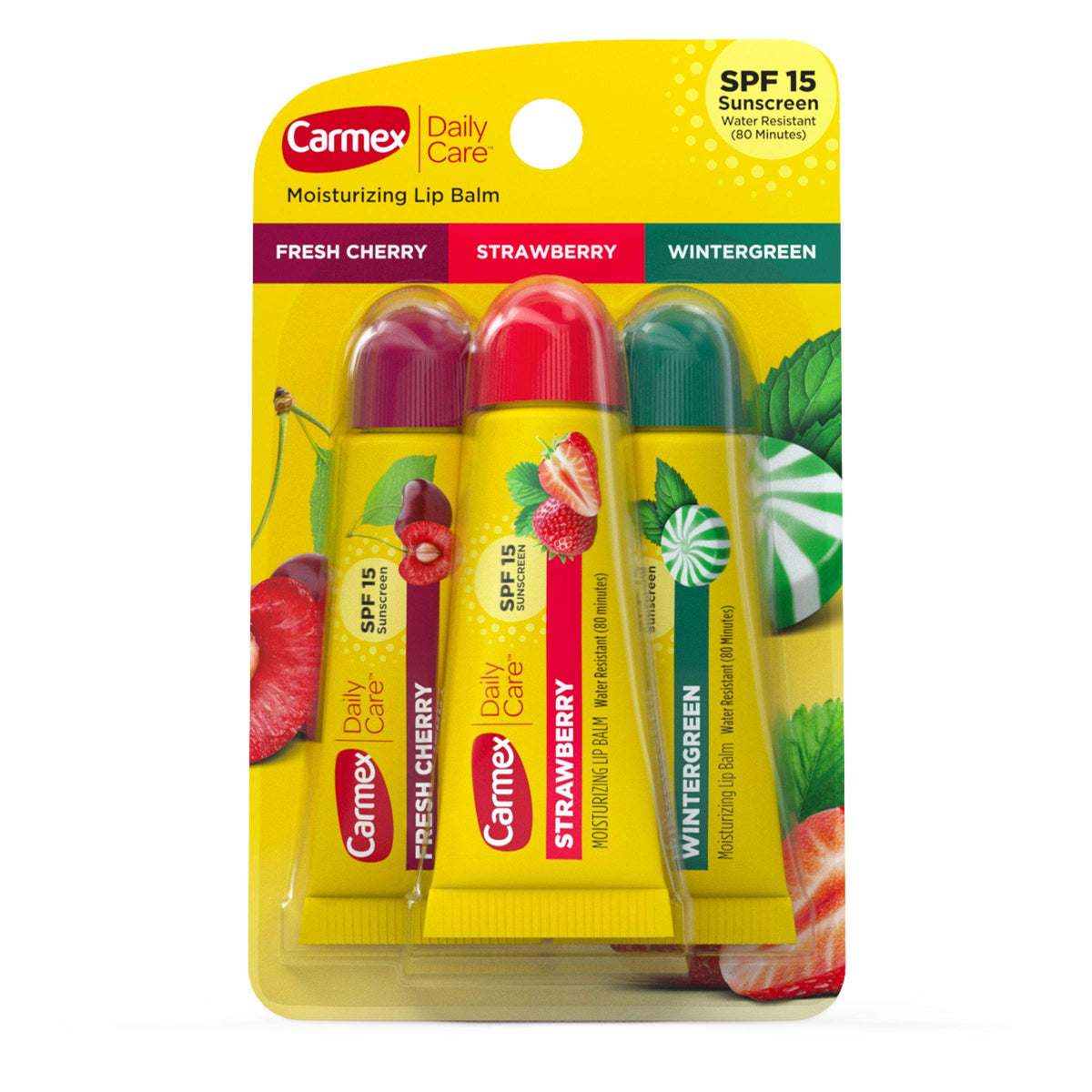 Carmex Daily Care lip balm pack with SPF 15 shown in a trio for daily protection