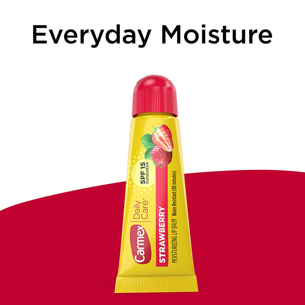 Carmex SPF15 strawberry lip balm close-up emphasizes glossy flavor and protection.