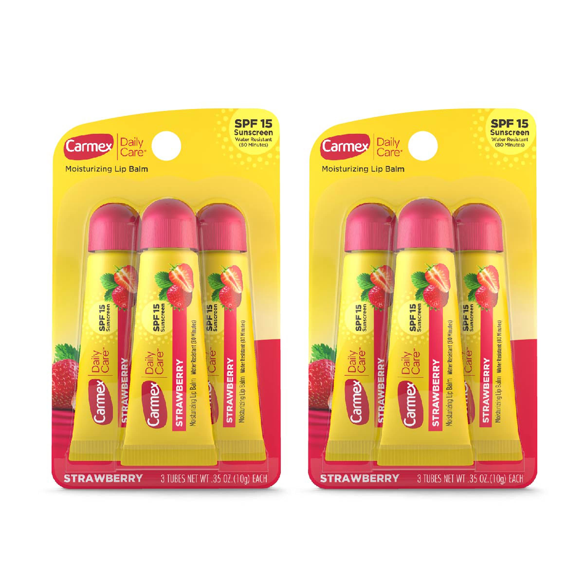 Carmex Daily Care SPF15 strawberry lip balm tube front shows SPF protection.