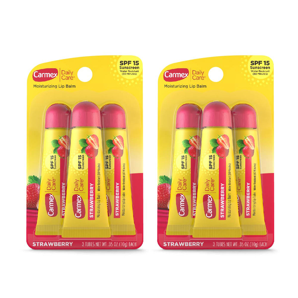 Carmex Daily Care SPF15 strawberry lip balm tube front shows SPF protection.