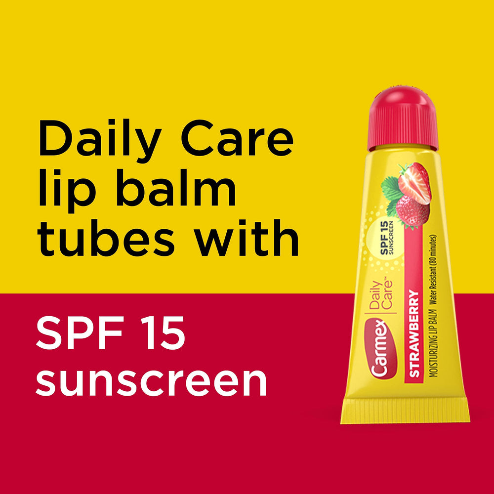 Carmex Daily Care SPF15 Strawberry lip balm near water to emphasize 80-minute water resistance