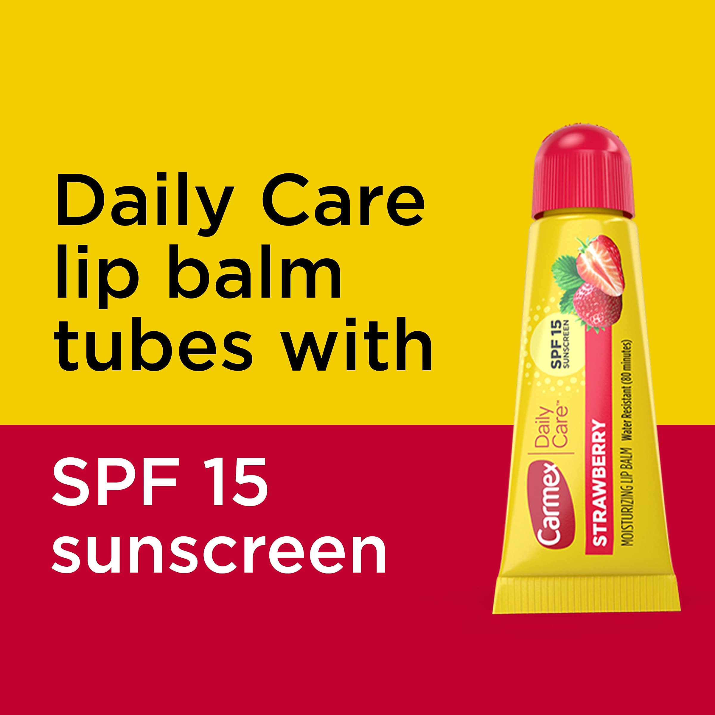 Carmex daily care SPF15 strawberry tubes packaging signals value and convenience.