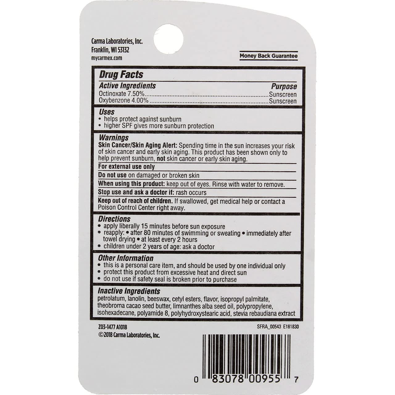 Carmex lip balm front view packaging highlights SPF 15 cherry formula.
