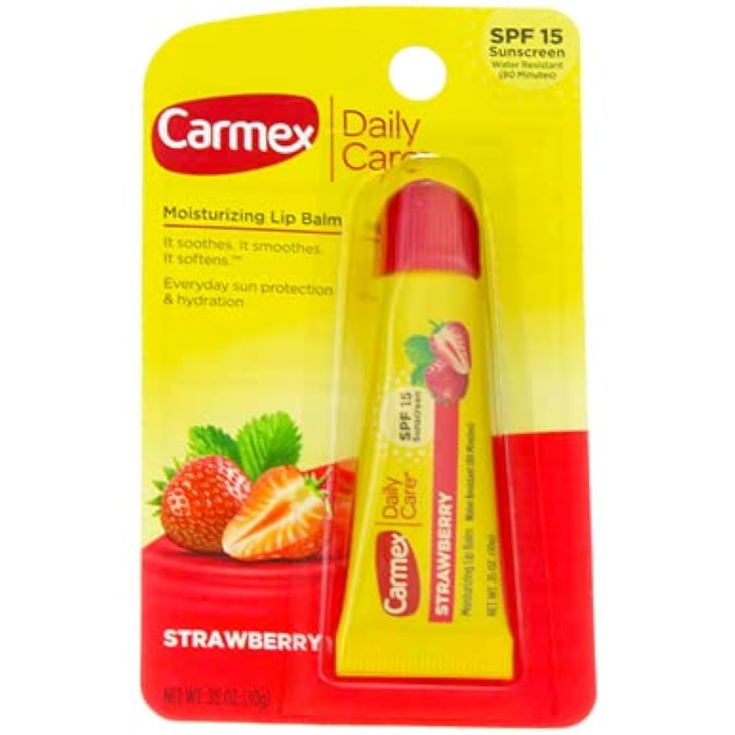 Carmex lip balm provides soothing and softening care with strawberry scent.