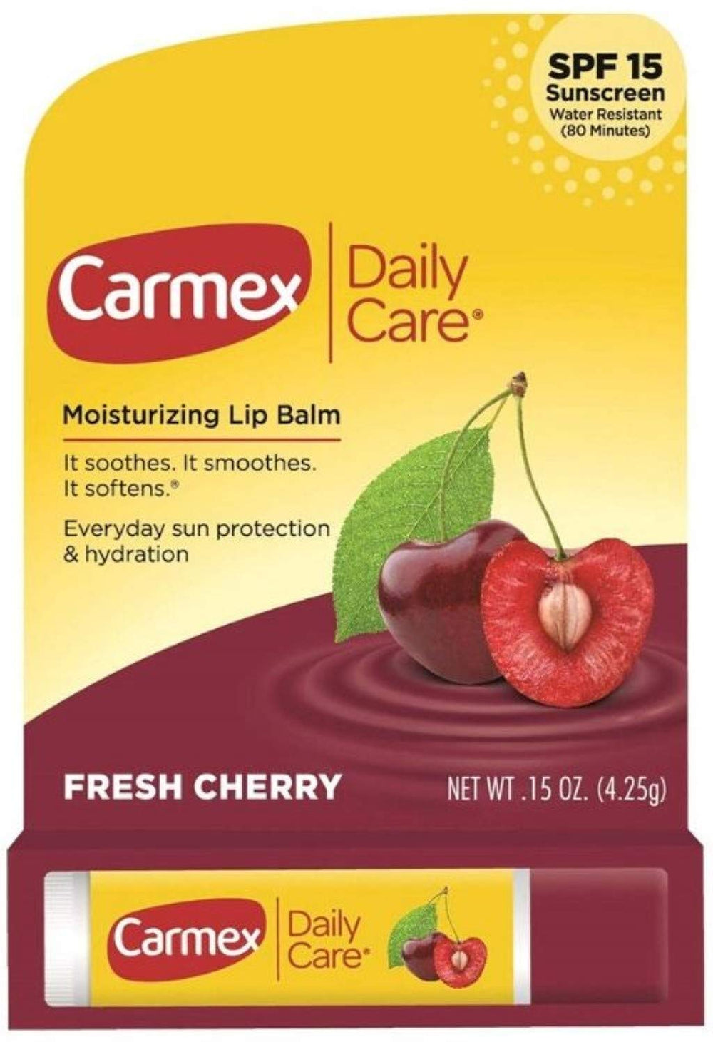 Carmex lip balm stick cherry flavor with SPF 15 offering lip hydration and sun protection