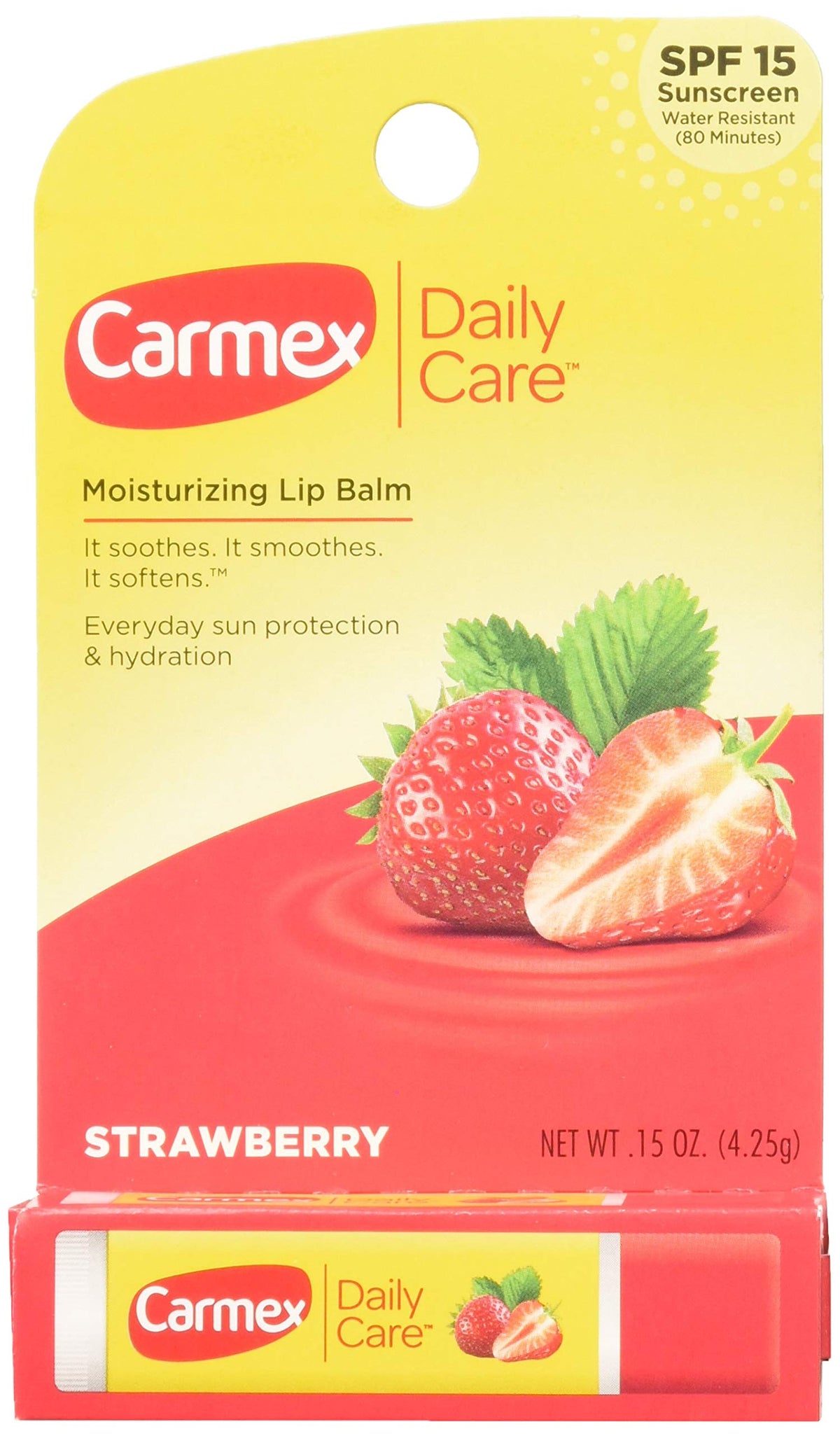Carmex Lip Balm Stick Strawberry packaging shown, ideal for daily lip protection.