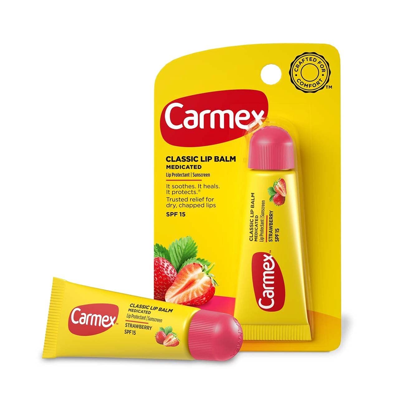 Carmex SPF 15 sunscreen feature highlights lip protection for outdoor activities.