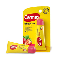 Carmex SPF 15 sunscreen feature highlights lip protection for outdoor activities.
