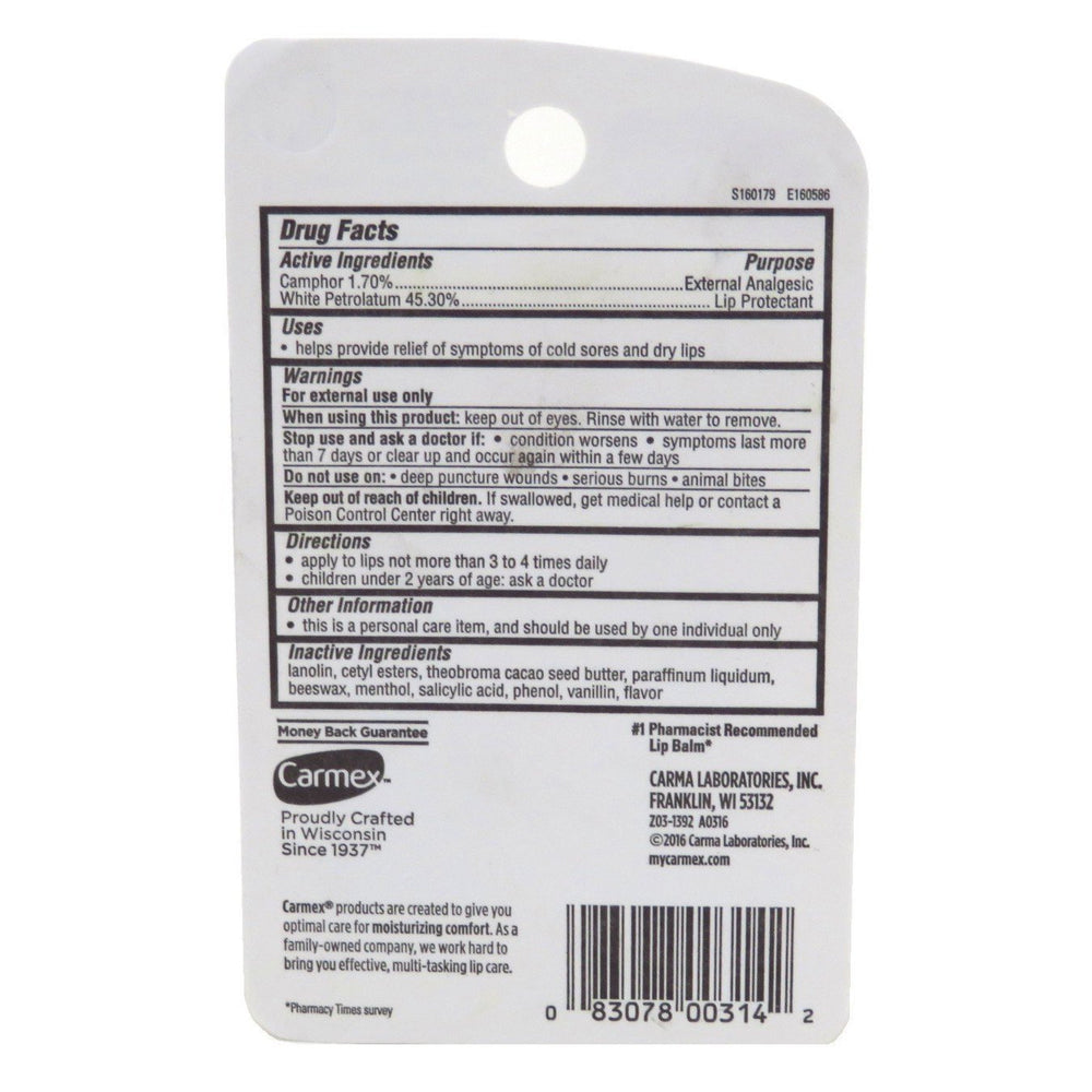 Carmex medicated lip balm tubes with cooling action for dry lips.