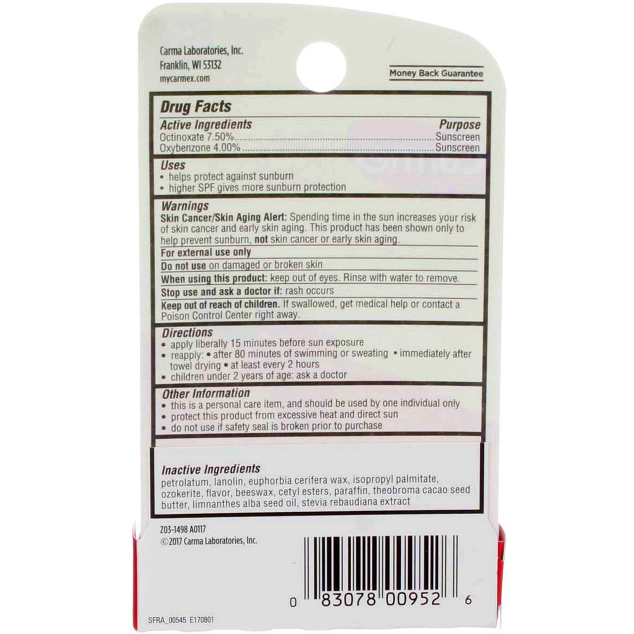 Carmex SPF 15 cherry lip balm packaging tilts to show protection.