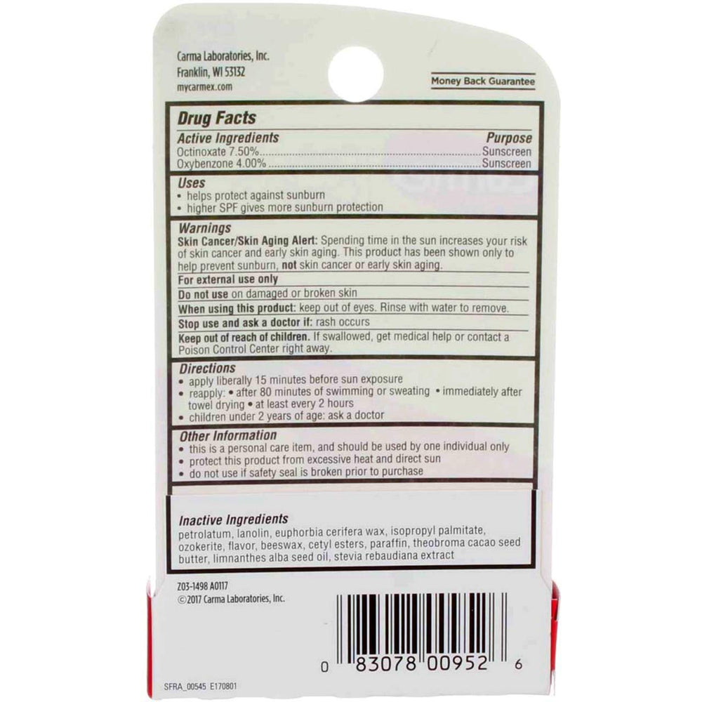 Carmex SPF 15 cherry lip balm packaging tilts to show protection.