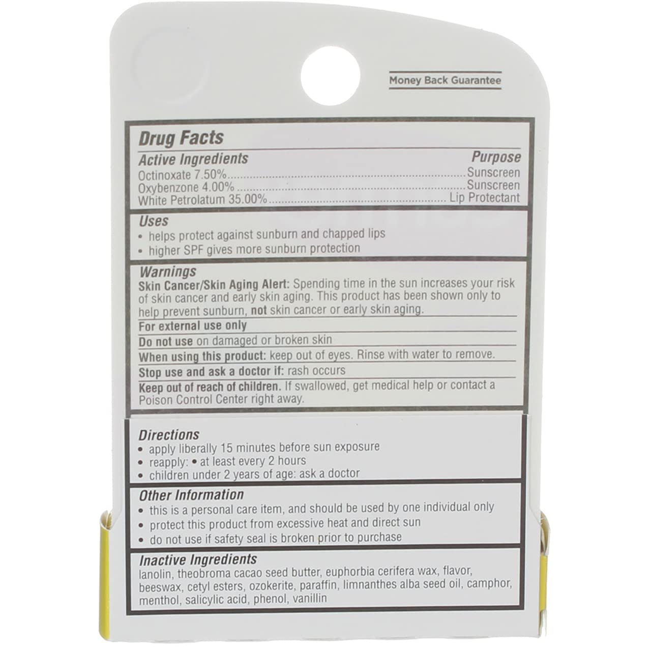 Carmex SPF 15 label highlighting sun protection