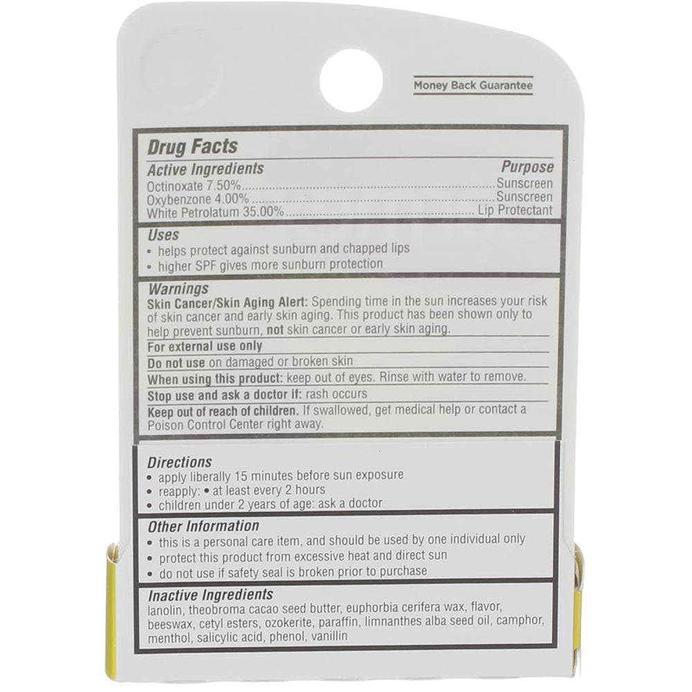 Carmex SPF 15 label highlighting sun protection