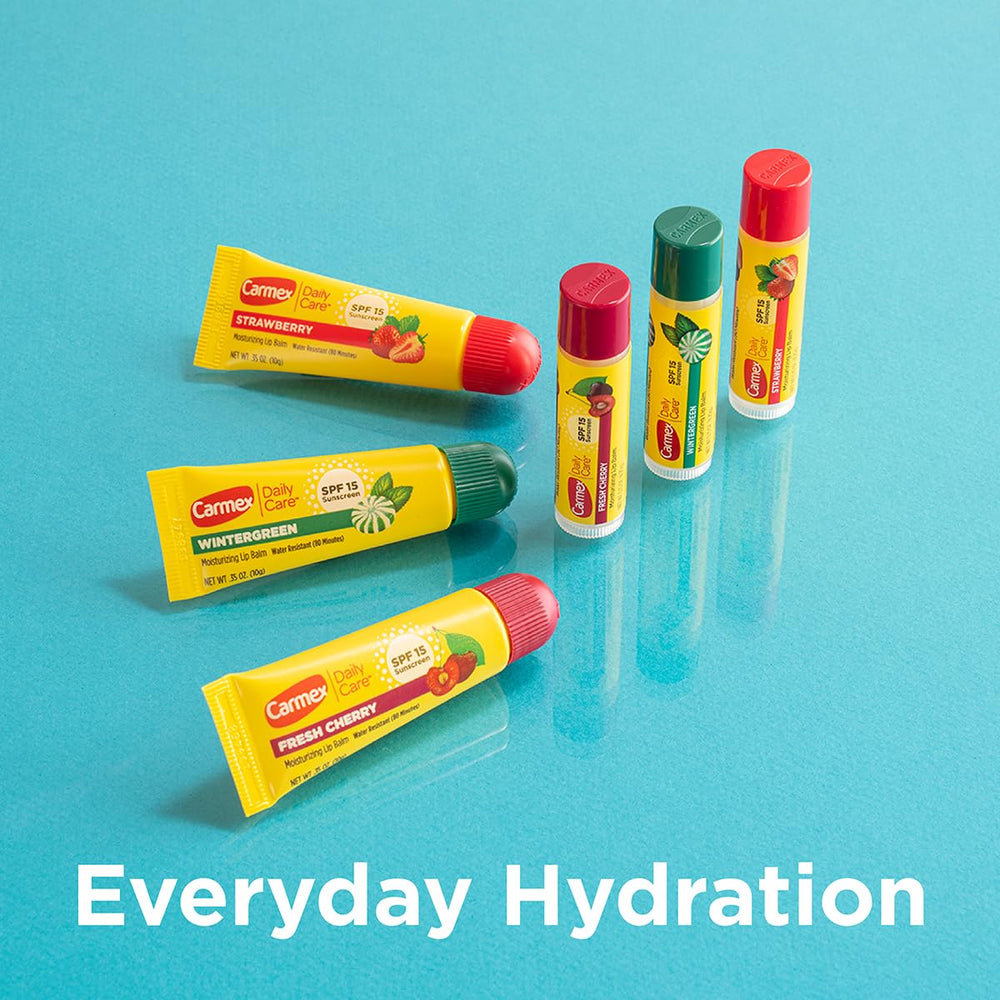 Carmex Strawberry lip balm tube emphasizes flavorful, convenient care.