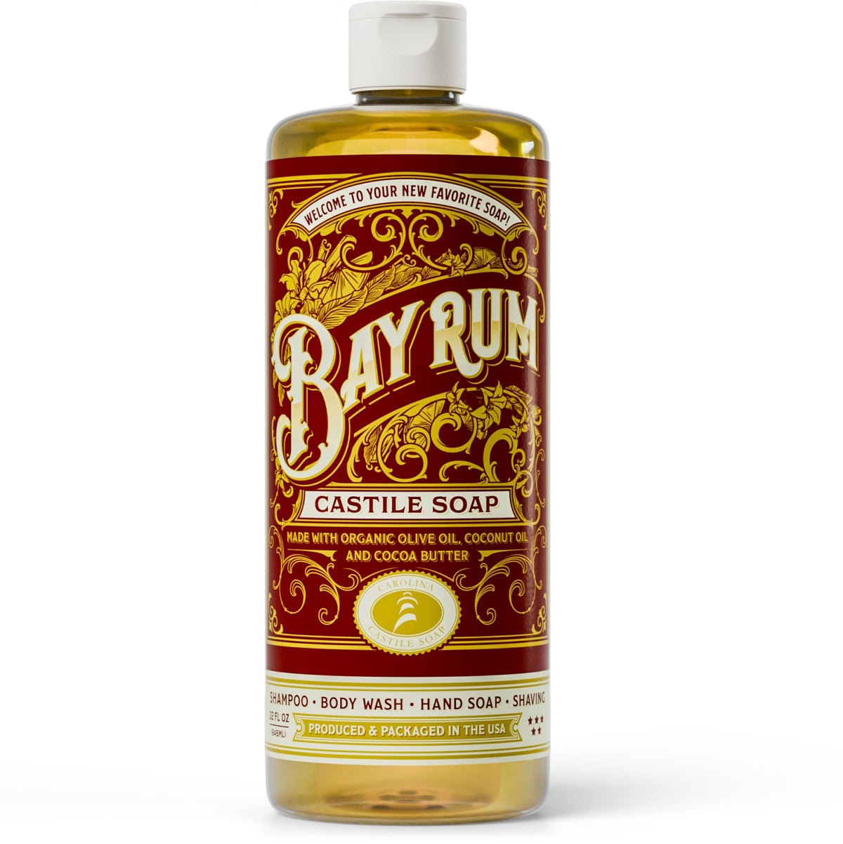 Carolina Castile Soap Bay Rum bottle ready for daily cleansing with an organic base.