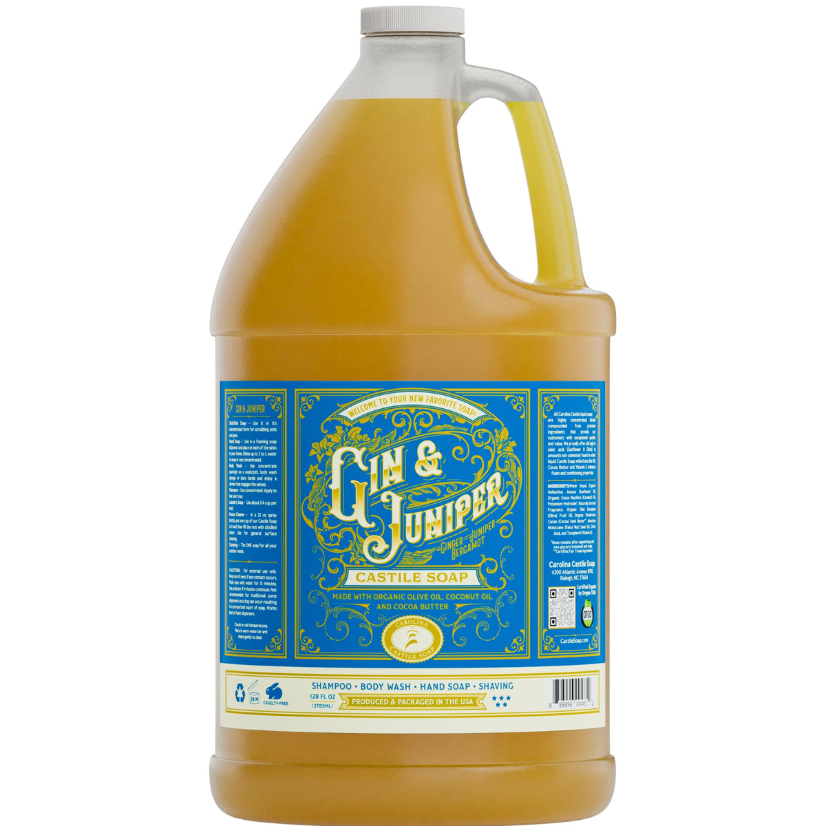 Carolina Castile Soap Gin & Juniper bottle offers a refreshing, aromatic cleanse.