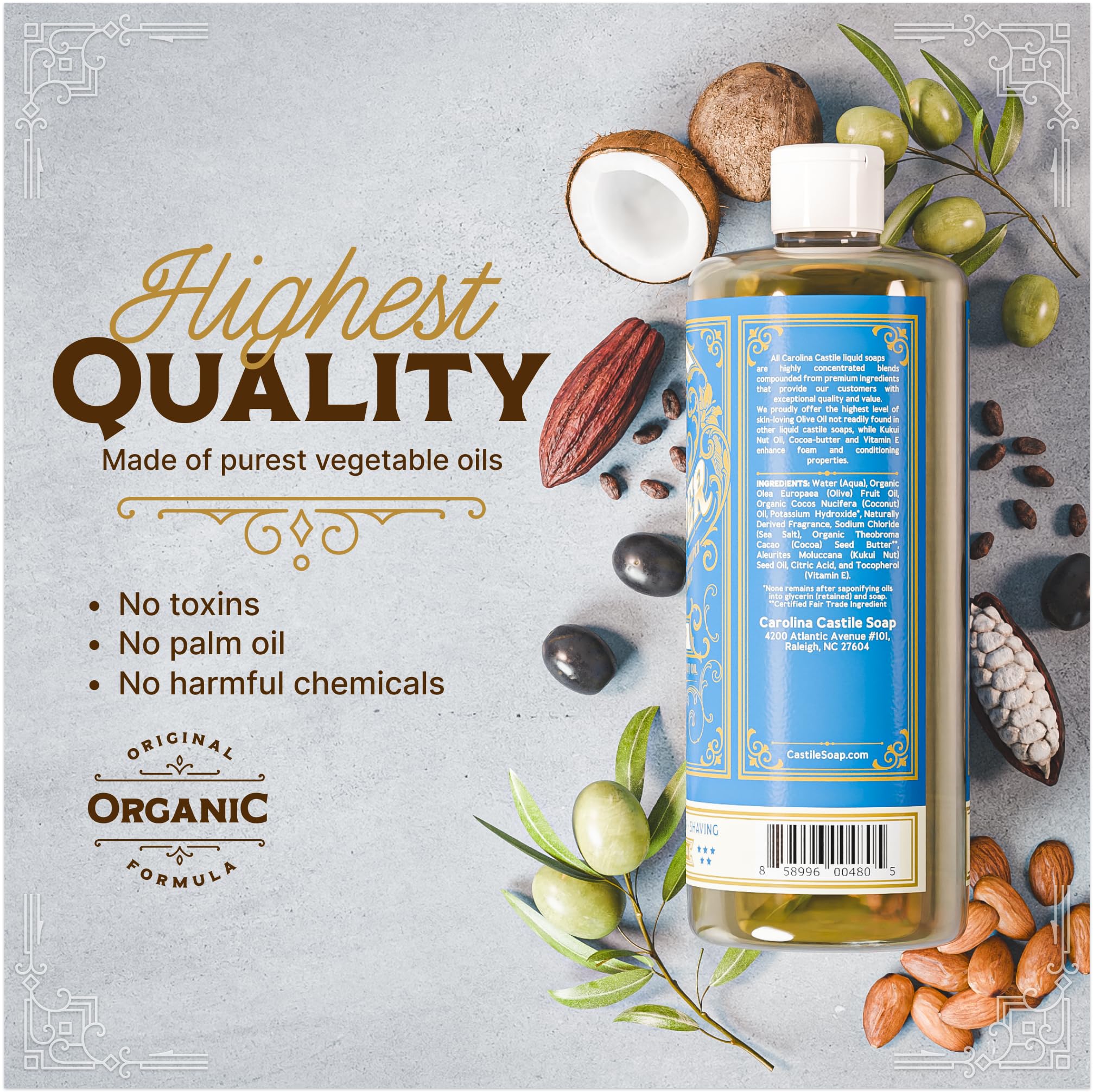 Carolina Castile Soap Gin & Juniper lather yields creamy foam for skin and hair.