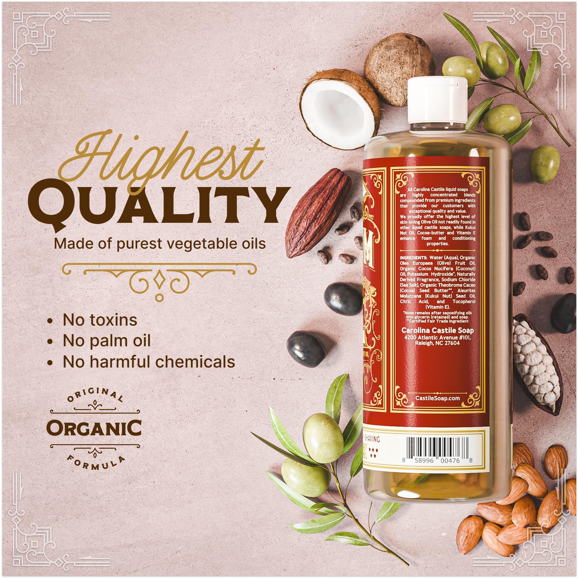 Carolina Castile Soap non-drying formula supports everyday use on skin.