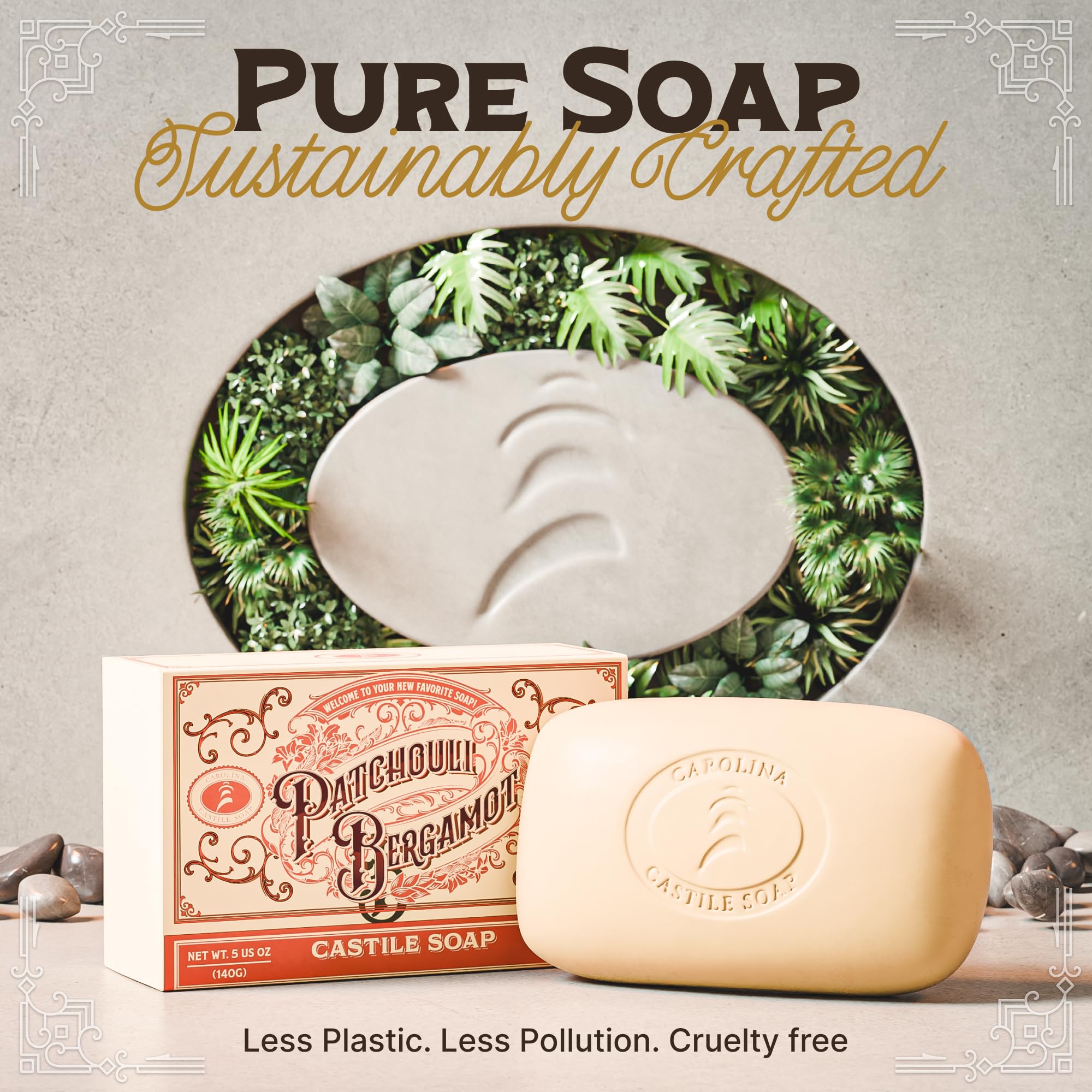 Carolina Castile Soap Patchouli Bergamot Bar 5 oz lasts weeks of daily use