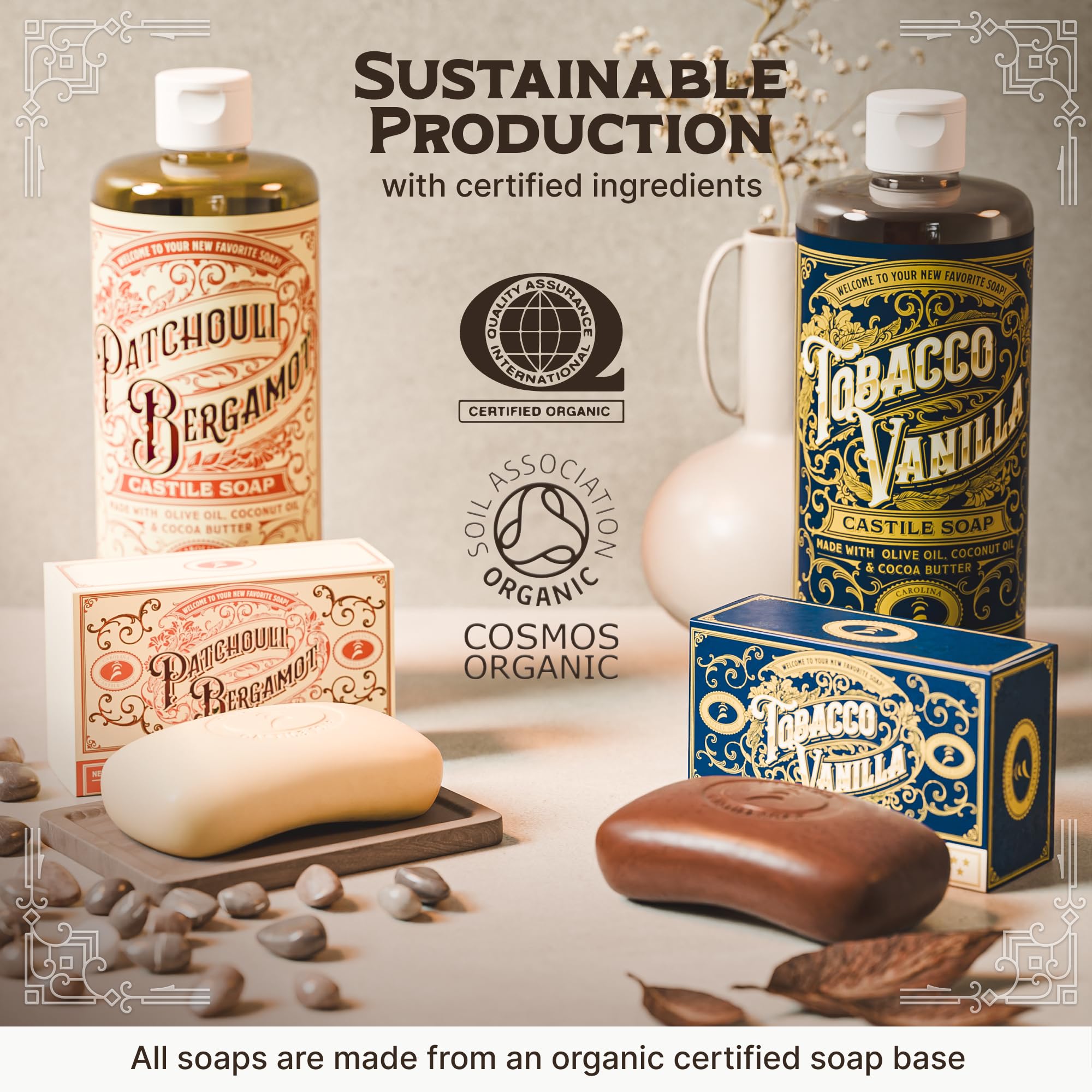 Carolina Castile Soap Patchouli Bergamot Bar packaging embodies simple, gift-ready presentation