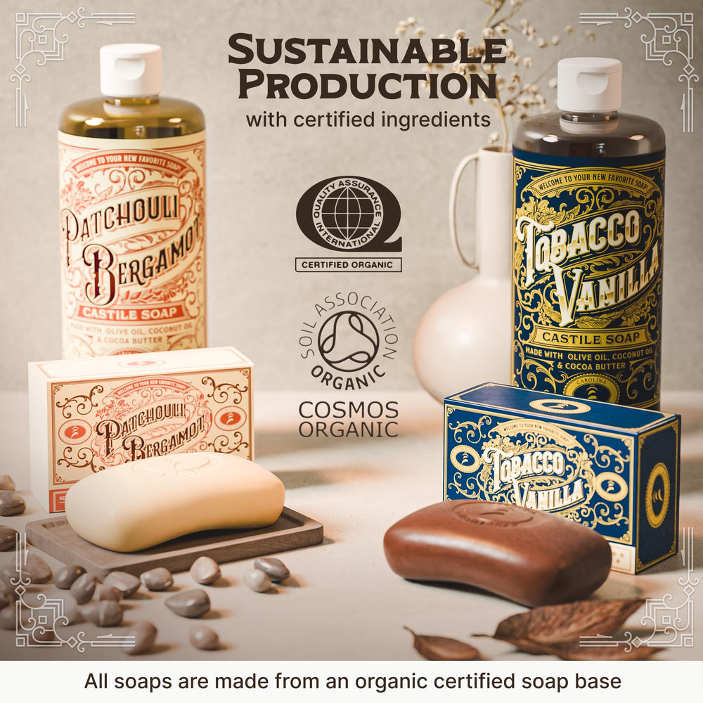 Carolina Castile Soap Patchouli Bergamot Bar packaging embodies simple, gift-ready presentation