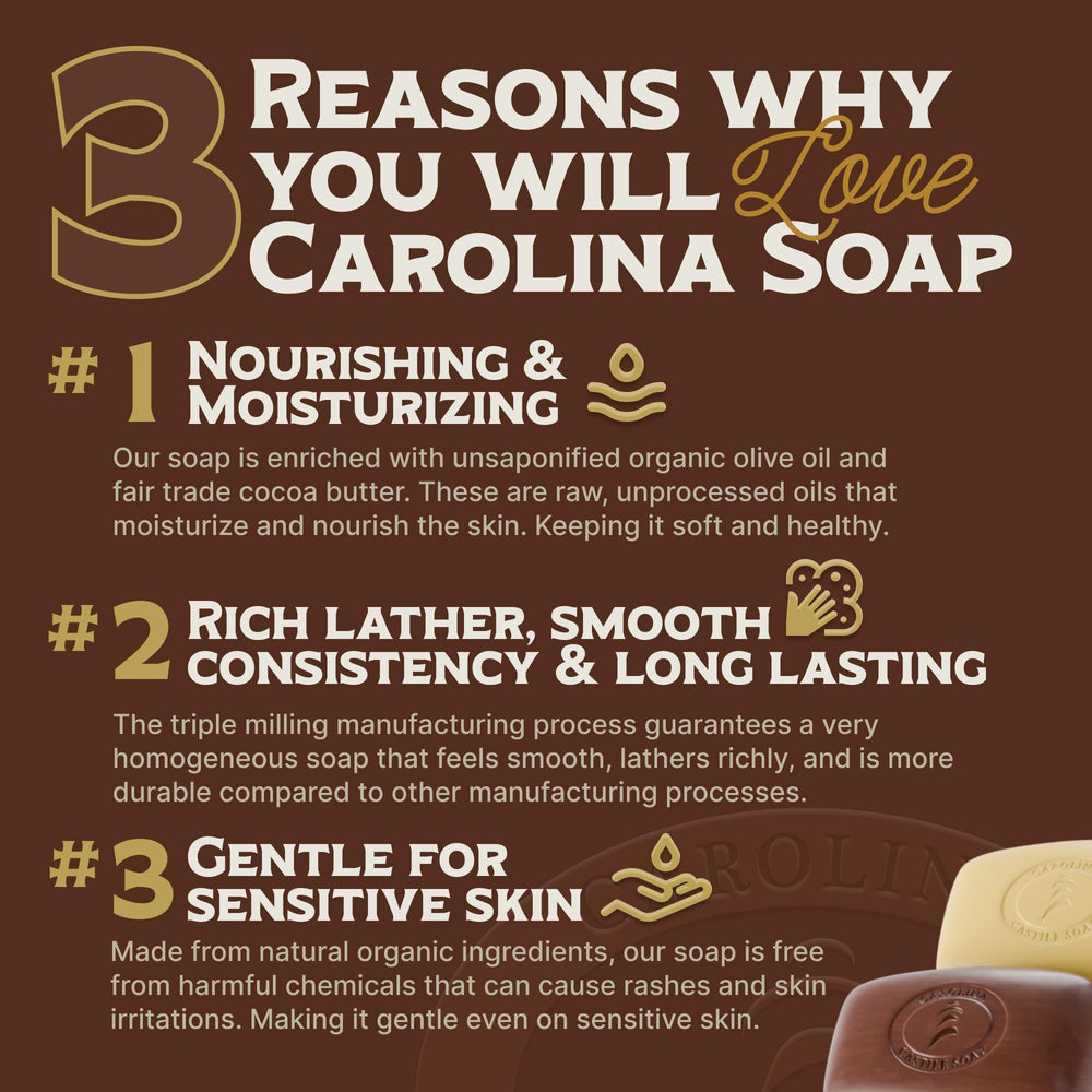 Carolina Castile Soap Patchouli Bergamot bar slice shows dense, silky lather