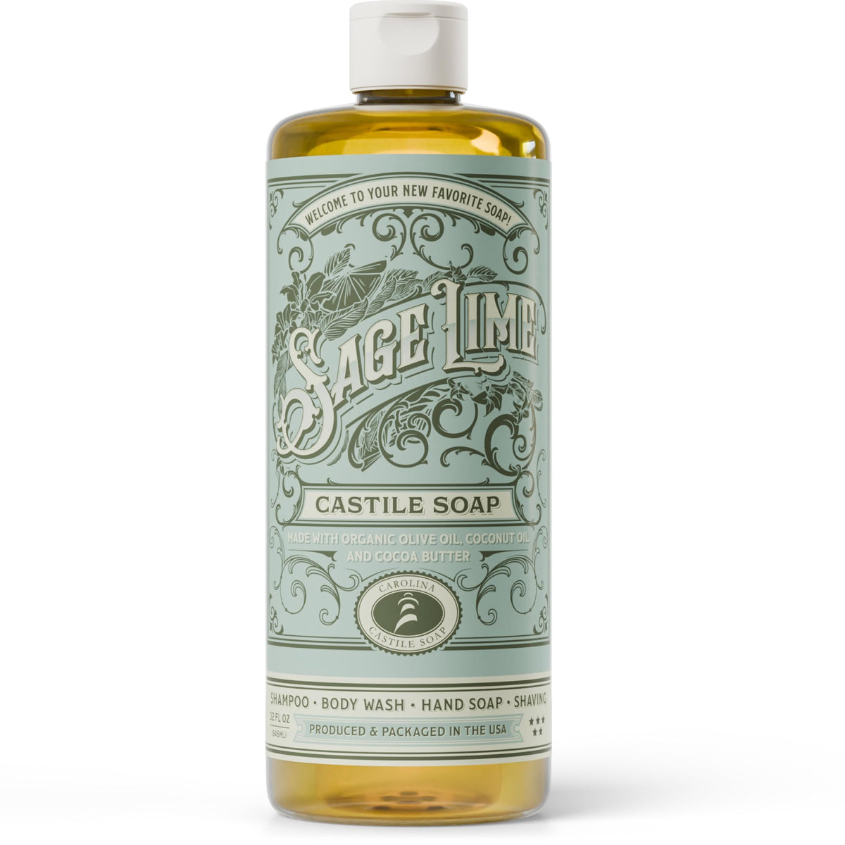 Carolina Castile Sage Lime bottle for gentle cleansing with olive oil base.