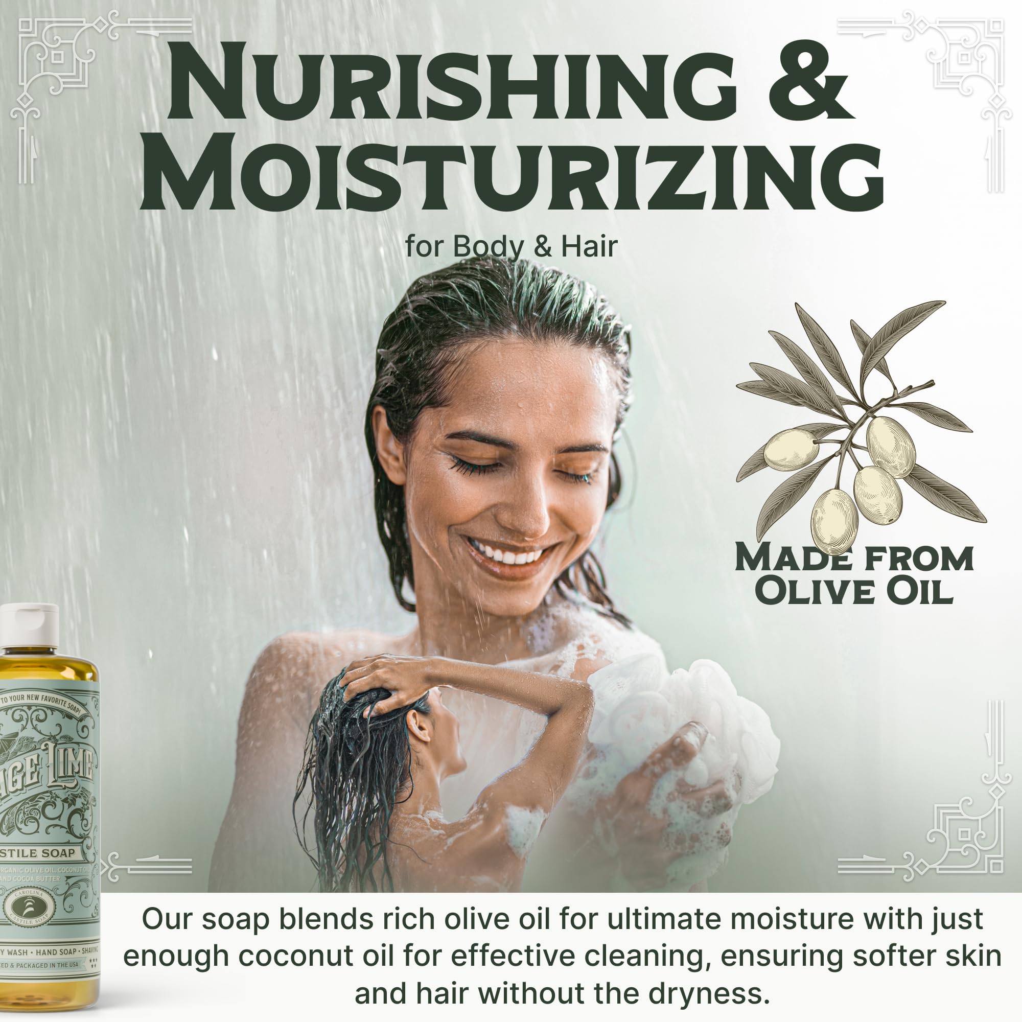 Carolina Castile Sage Lime label highlighting vegan, organic ingredients and non-drying formula.