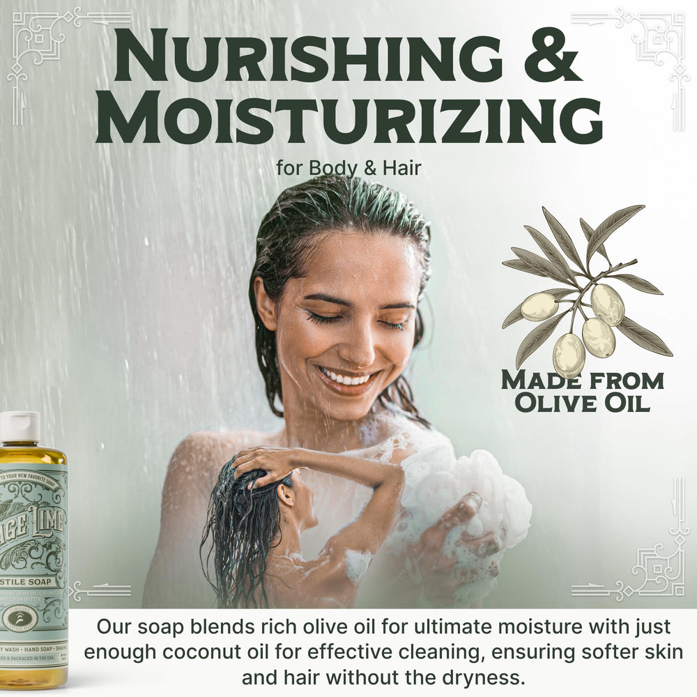 Carolina Castile Sage Lime label highlighting vegan, organic ingredients and non-drying formula.