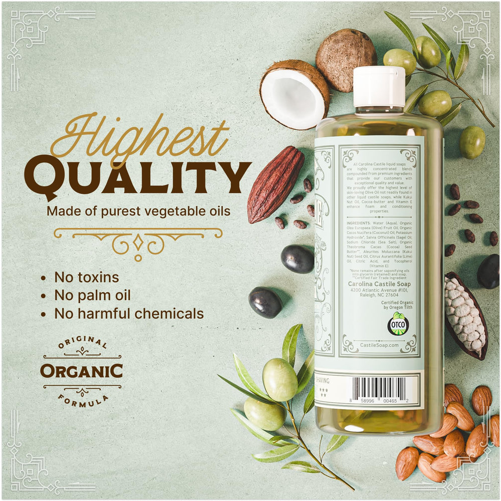 Close-up of olive-oil ingredient in Sage Lime Castile Soap signaling nourishing base oil.