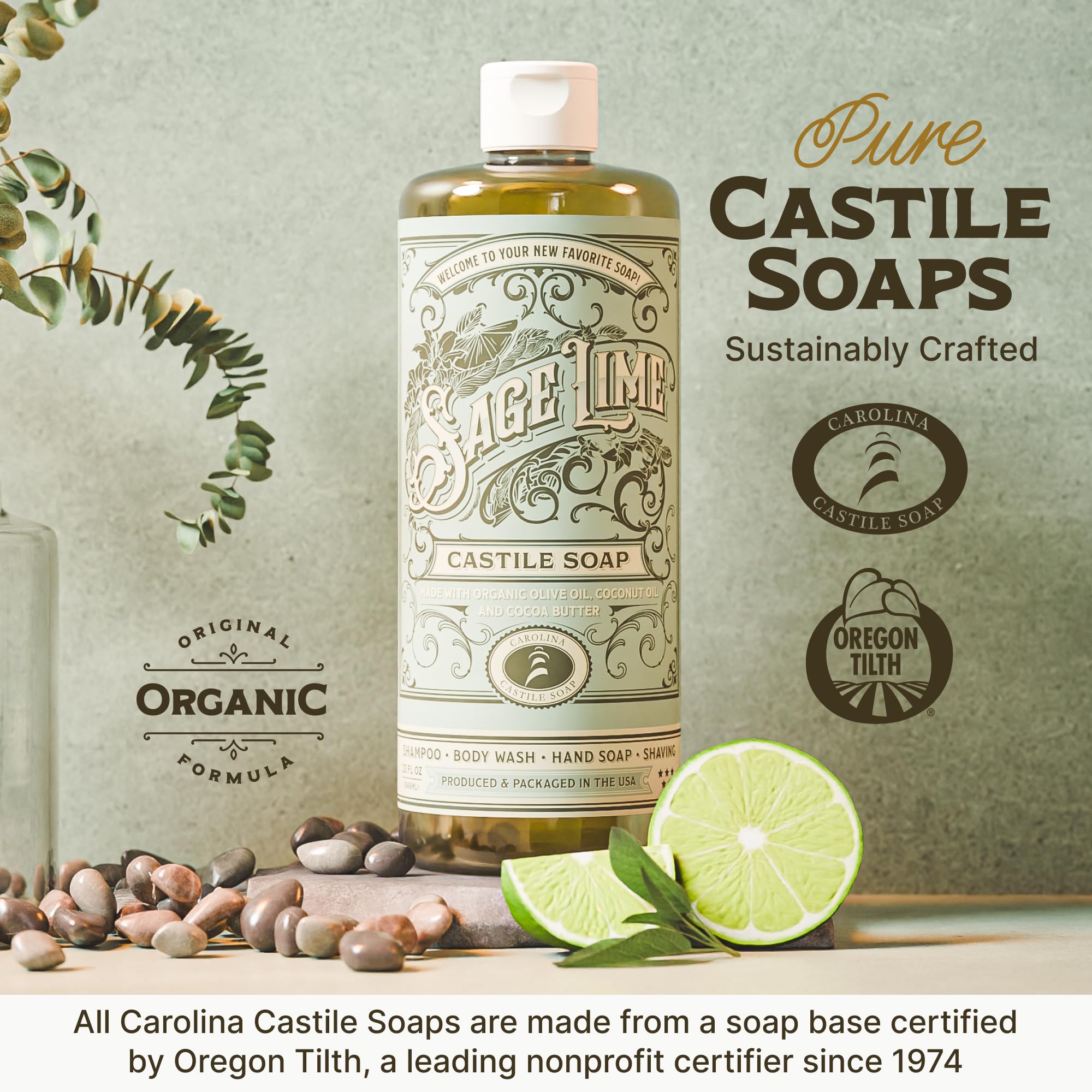 Shower scene with Sage Lime Castile Soap suggesting refreshing daily wash routine.