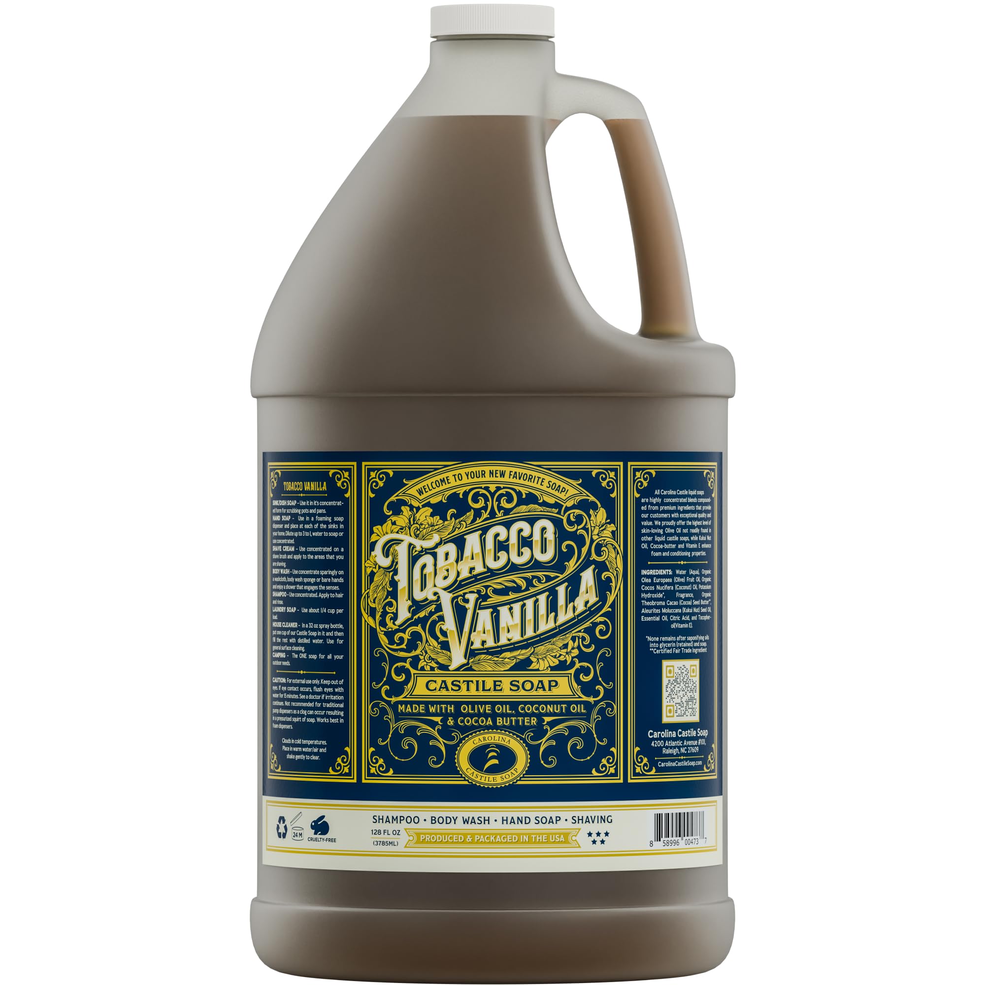 Carolina Castile Soap Tobacco Vanilla bottle front, gentle cleansing for sensitive skin.