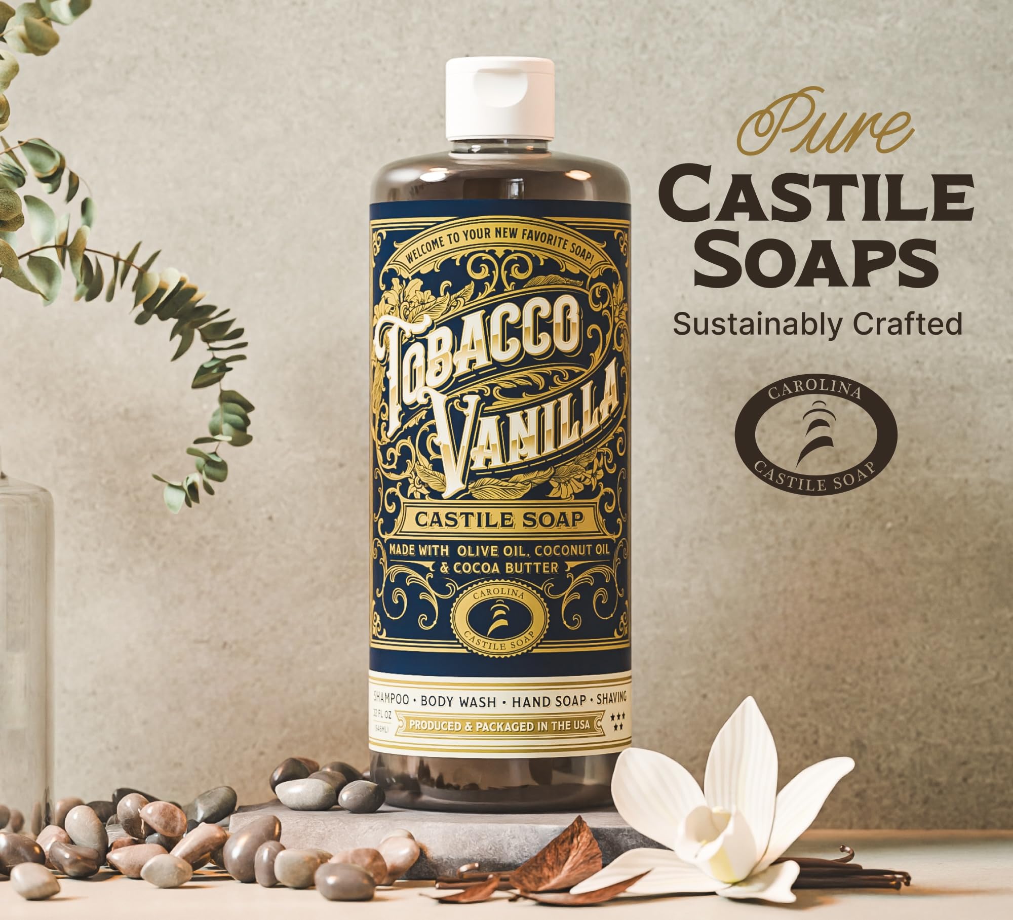 Carolina Castile Soap Tobacco Vanilla packaging, 1 gallon size.